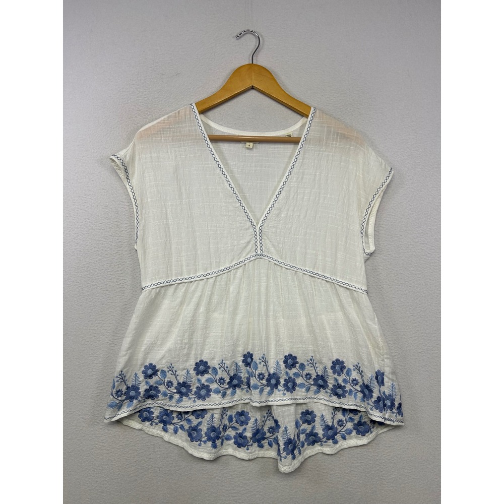 Boho Max Studio London Womens Small White Blue Floral Embroidered Babydoll Top